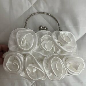 White Satin Floral Rosette Evening Clutch with Metallic Handle